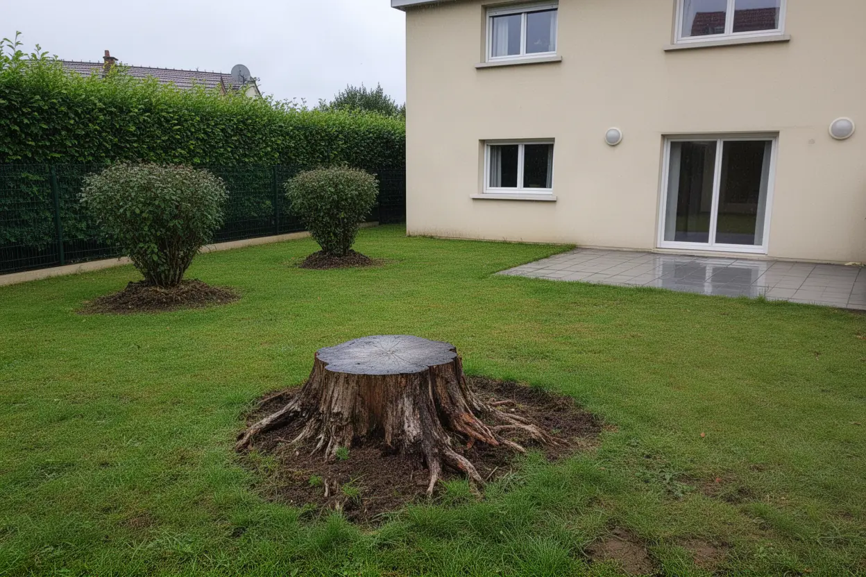 Ancienne souche de résineux dans une pelouse à Marly