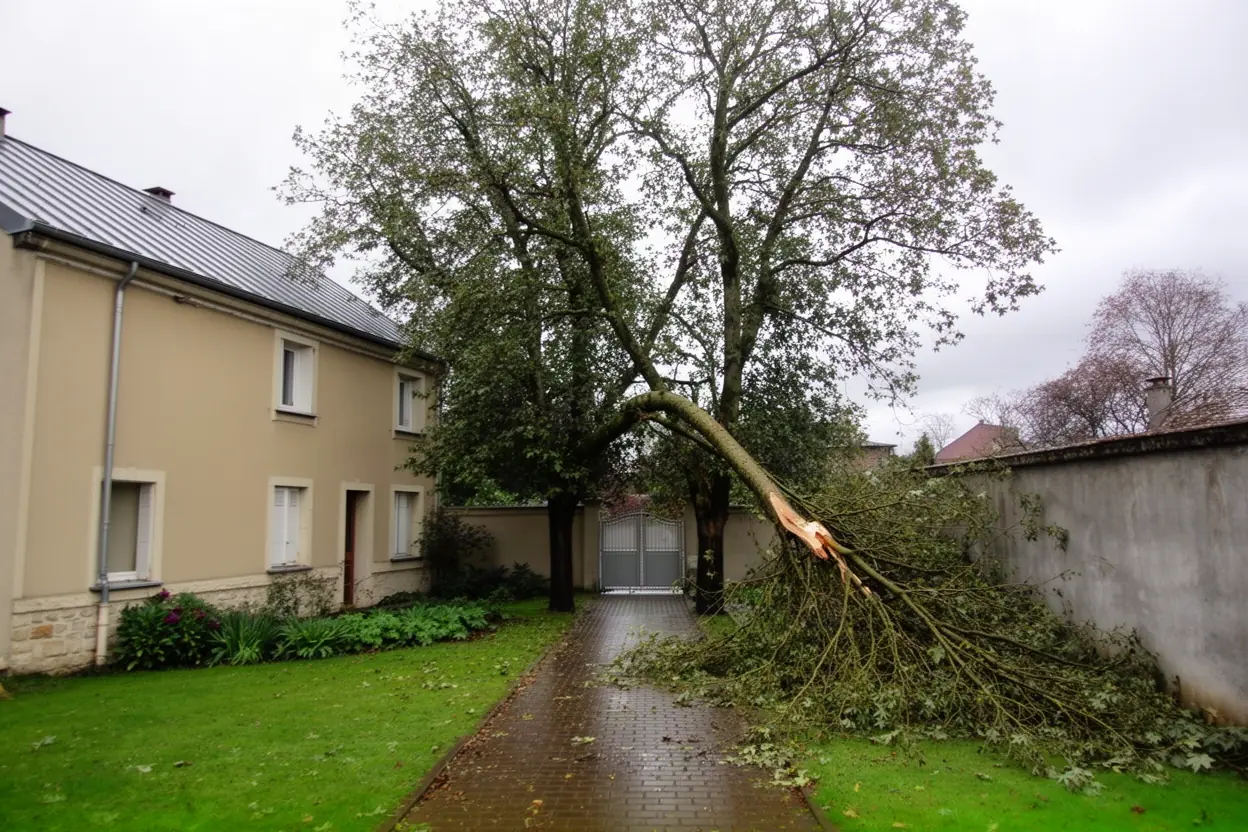 Branche fendue suspendue au-dessus d'une allée longevilloise