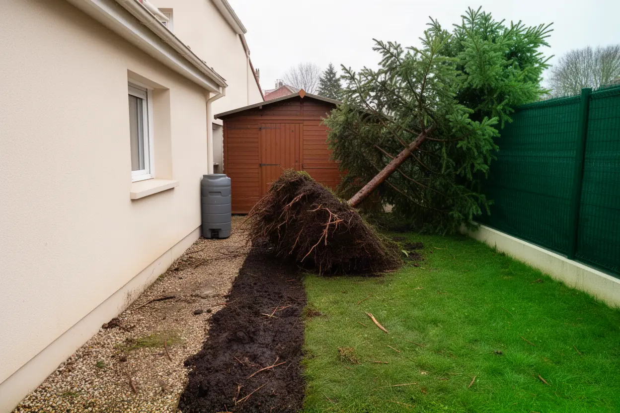 Conifère déraciné près d'un cabanon à Marly