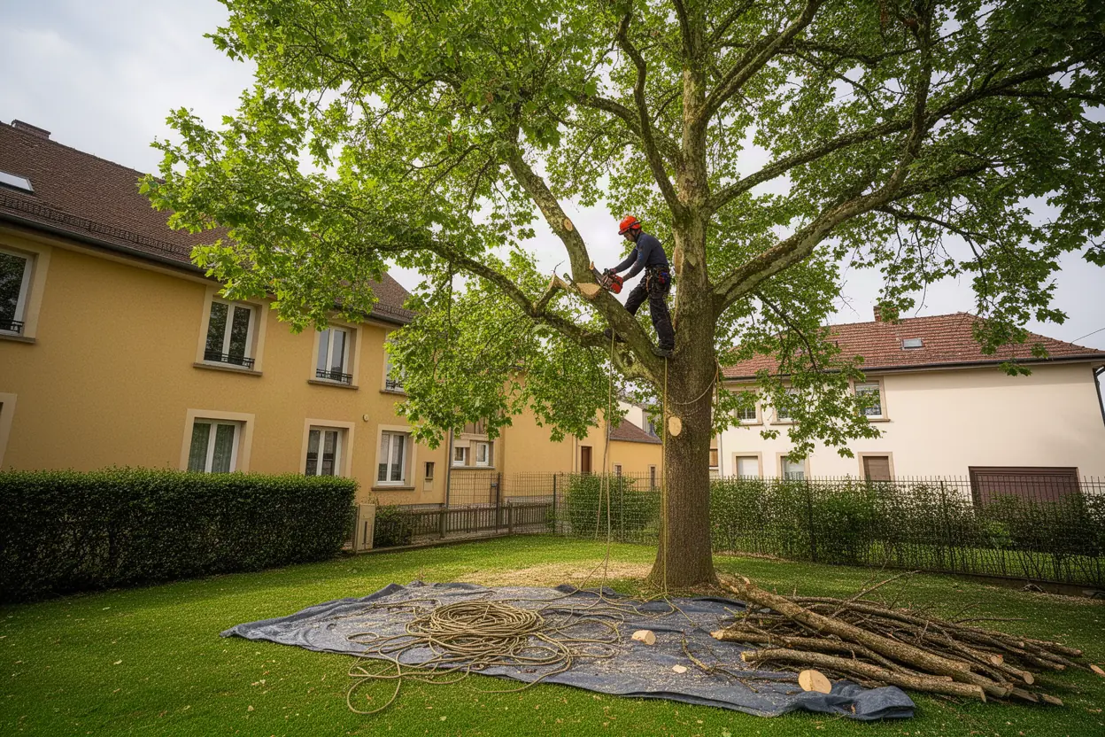 Élagueur taillant un arbre adulte dans un jardin à Metz