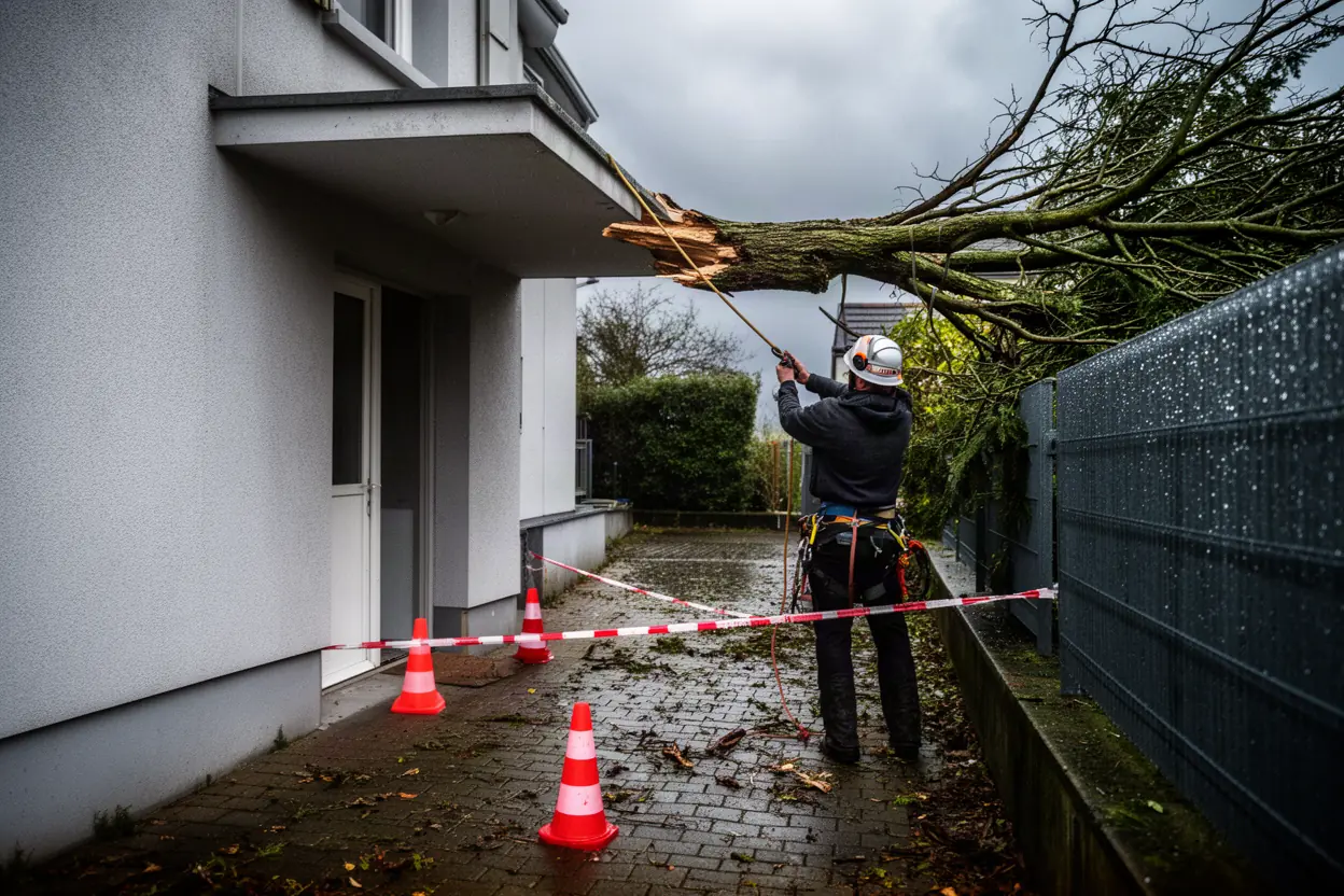 Élagueur sécurisant une branche cassée après tempête à Metz