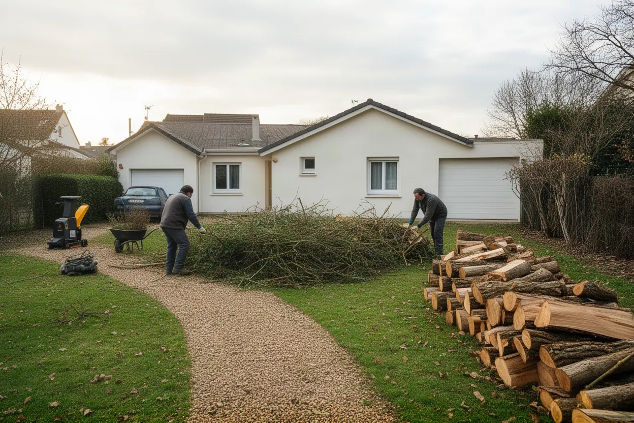 Équipe ramassant des branches après élagage à Marly